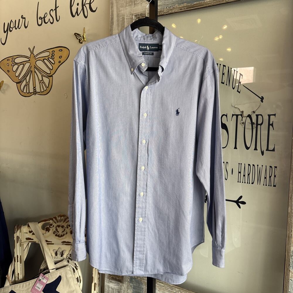 Men’s Ralph Lauren Classic Fit Button Down Blue Pin Stripe Size 16 1/2